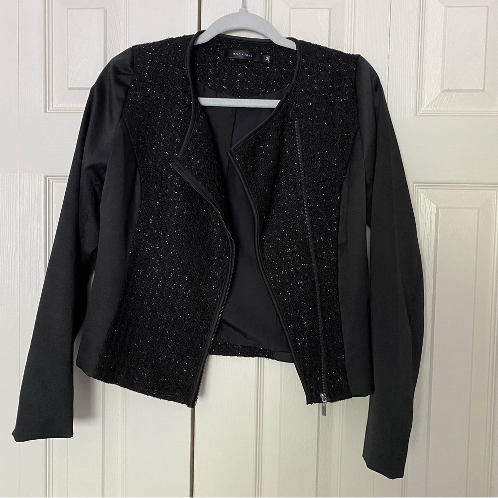 Eric+Lani Black Satin and Metallic Tweed Jacket